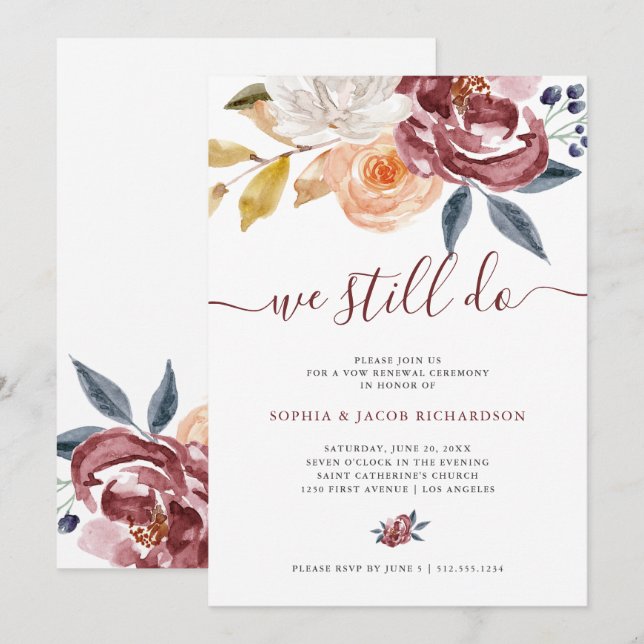 Burgundy Watercolor Floral | Wedding Vow Renewal Invitation (Front/Back)