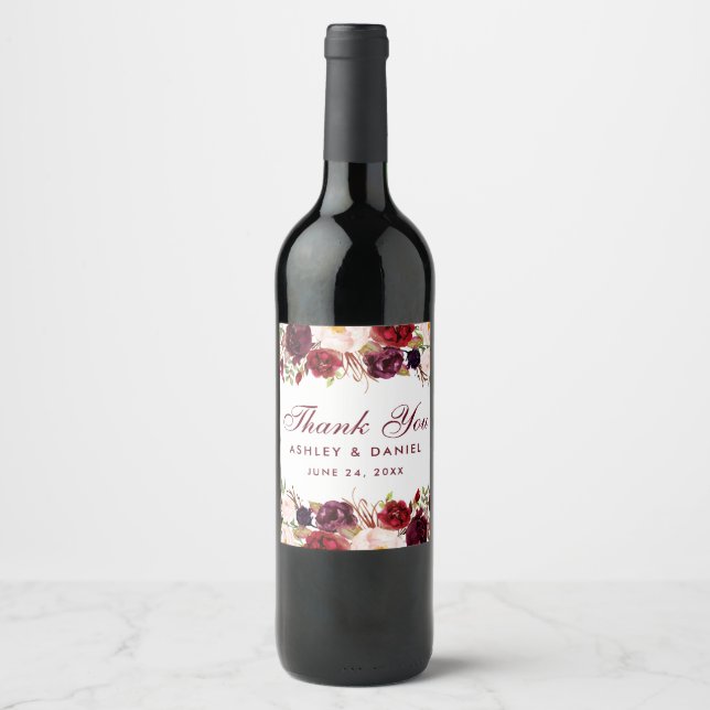 Burgundy Watercolor Floral Wedding Wine Label (Front)
