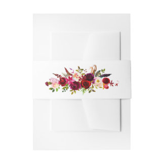 Burgundy Watercolor Florals, Feathers Belly Band Invitation Belly Band