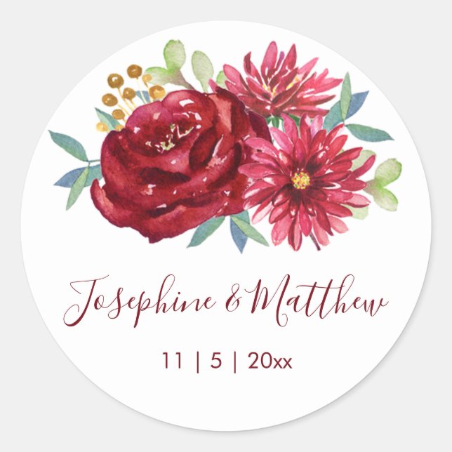 Burgundy Watercolor Flower Wedding Classic Round Sticker (Front)
