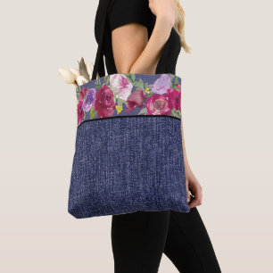 Burgundy watercolor flowers and denim tote bag