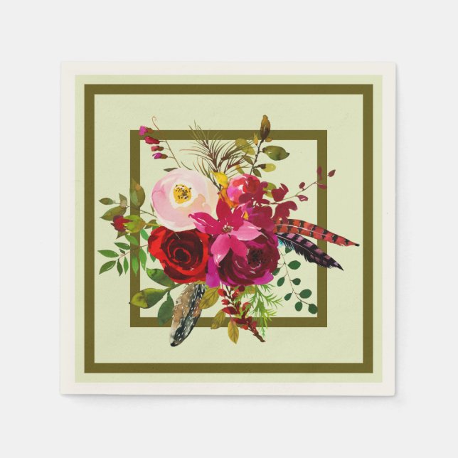 Burgundy Watercolor Flowers and  Feathers Napkin (Front)