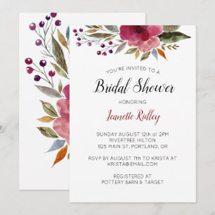 Burgundy Watercolor Flowers Bridal Shower Invitation