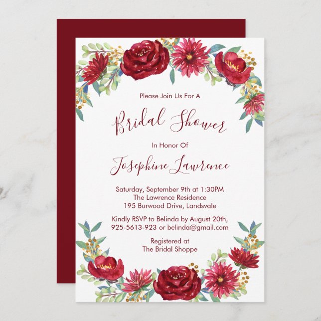 Burgundy Watercolor Flowers Bridal Shower Invitation (Front/Back)