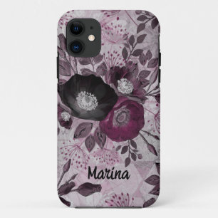 Burgundy watercolor flowers. iPhone 11 case