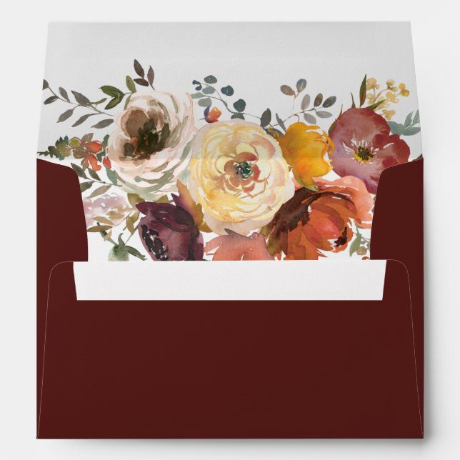 Burgundy Watercolor Flowers Fall Wedding Envelope (Back (Bottom))