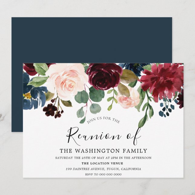 Burgundy Watercolor Flowers Family Reunion Invite (Front/Back)