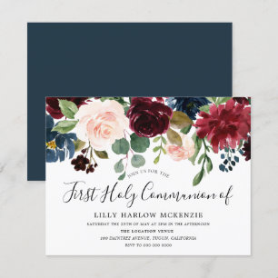Burgundy Watercolor Flowers First Holy Communion Invitation