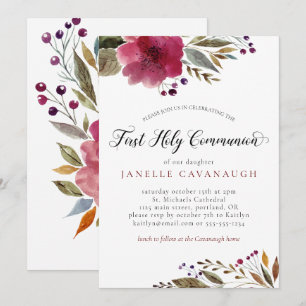 Burgundy Watercolor Flowers First Holy Communion Invitation