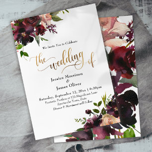 Burgundy Watercolor Flowers Gold Calligraphy Invitation