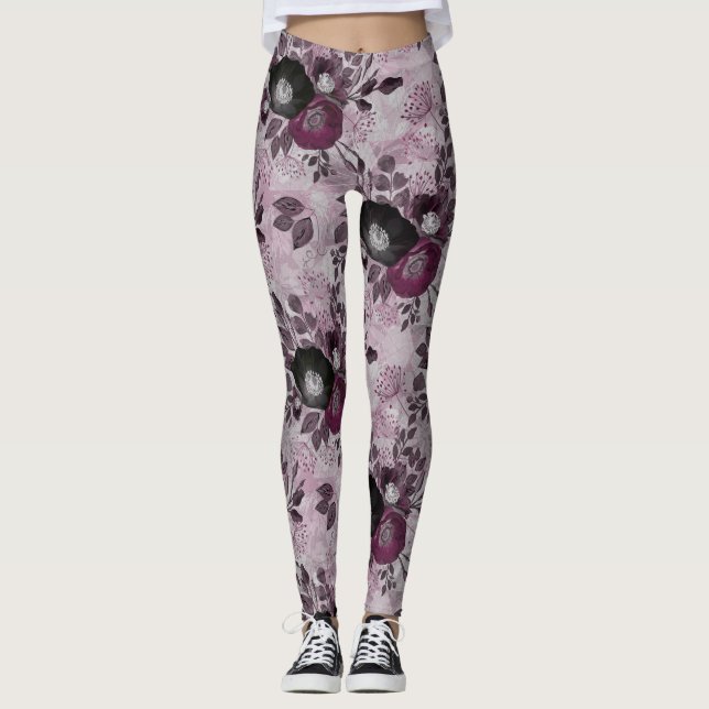 Burgundy watercolor flowers.  leggings (Front)