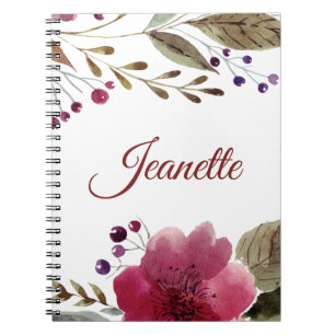 Burgundy Watercolor Flowers Monogrammed Notebook