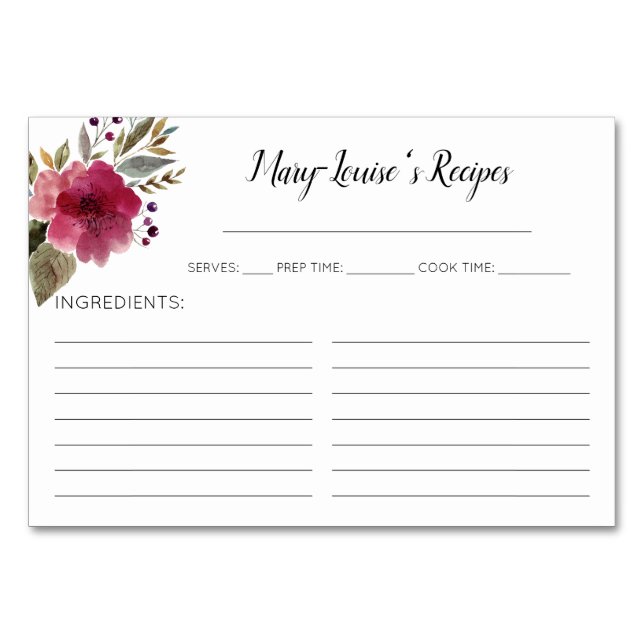Burgundy Watercolor Flowers Recipe Card (Front)