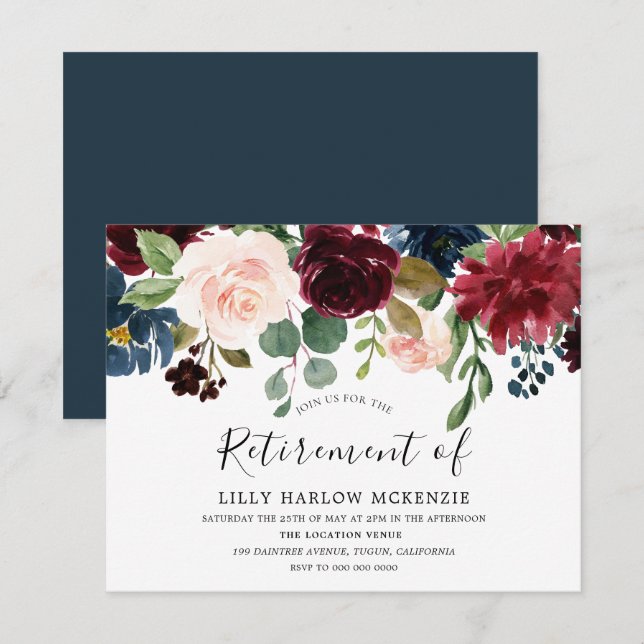 Burgundy Watercolor Flowers Retirement Party Invitation (Front/Back)