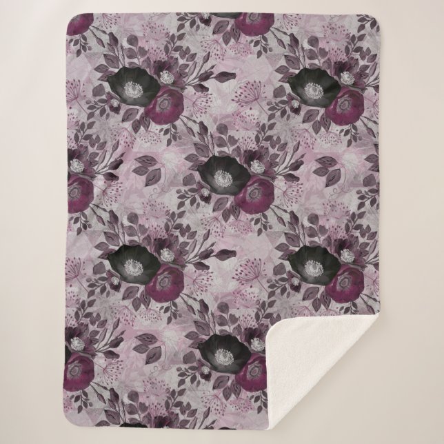 Burgundy watercolor flowers.  sherpa blanket (Front)