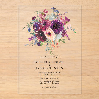 Burgundy Watercolor Flowers Simple Rustic Wedding  Acrylic Invitations