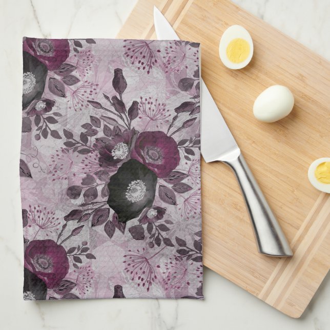 Burgundy watercolor flowers. tea towel (Quarter Fold)