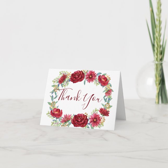 Burgundy Watercolor Flowers Thank You Card (Front)
