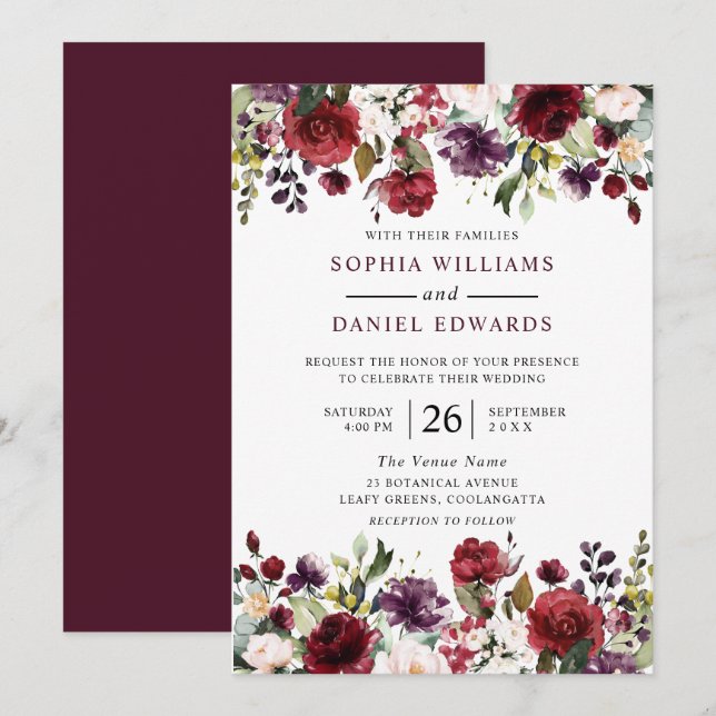Burgundy Watercolor Flowers Tropical Wedding Invitation (Front/Back)