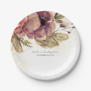 Burgundy Watercolor Flowers Vintage Fall Paper Plate