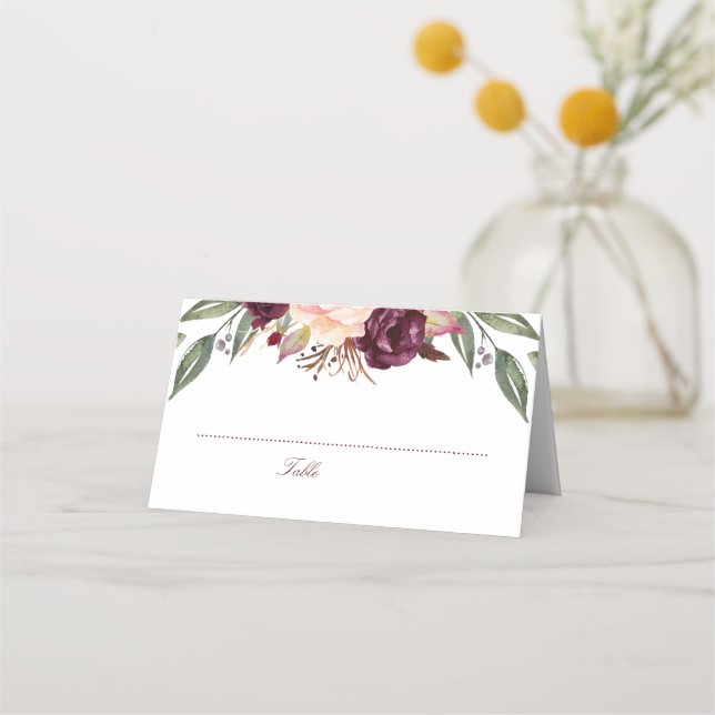 Burgundy Watercolor Flowers Wedding Place Card (Front)