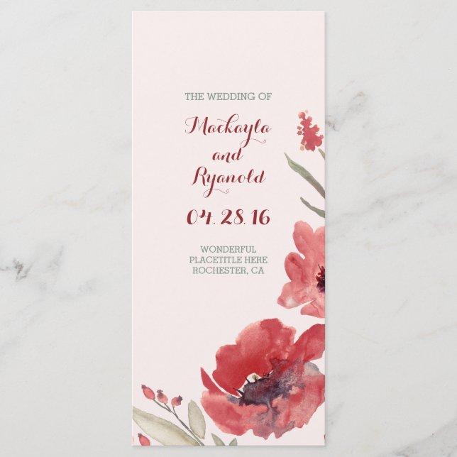 burgundy watercolor flowers wedding programs programme (Front)