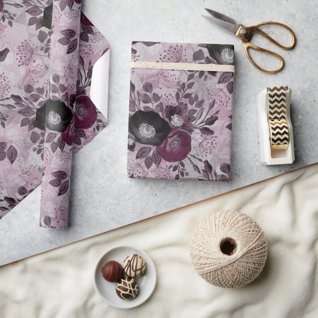 Burgundy watercolor flowers. wrapping paper (Crafts)