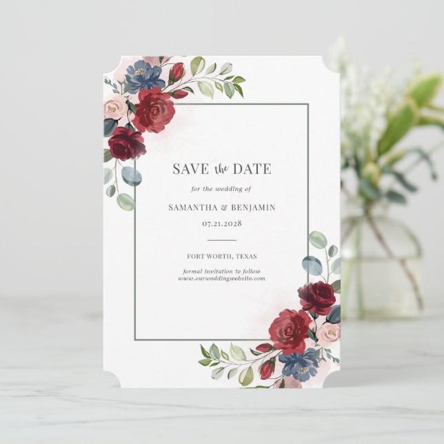 Burgundy Watercolor Geometric Floral Save the Date (Standing Front)
