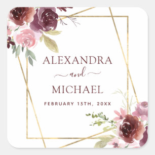 Burgundy Watercolor Geometric Floral Wedding Square Sticker