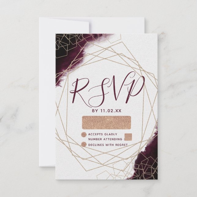 Burgundy Watercolor Geometric Frame Wedding RSVP (Front)
