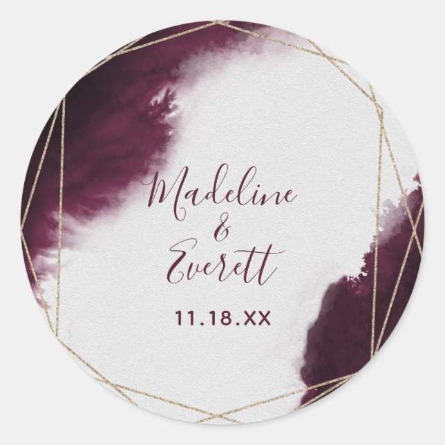 Burgundy Watercolor Geometric Monogram Wedding Classic Round Sticker (Front)