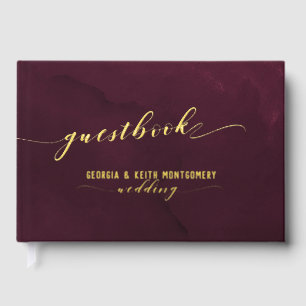 Burgundy Watercolor Gold Script Elegant Wedding  Guest Book