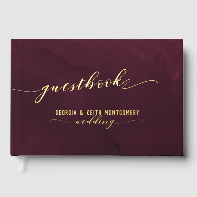 Burgundy Watercolor Gold Script Elegant Wedding  Guest Book (Front)