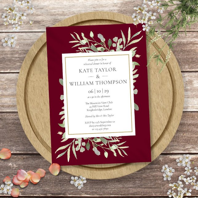 Burgundy Watercolor Greenery Rehearsal Dinner Invitation (Burgundy Watercolor Greenery Rehearsal Dinner Invitation)