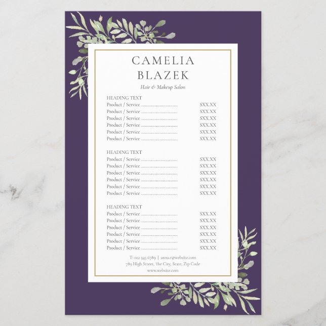 Burgundy Watercolor Greenery Salon Service Menu (Front)