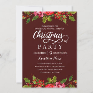 Burgundy Watercolor Holly Leaf Christmas Party Invitation