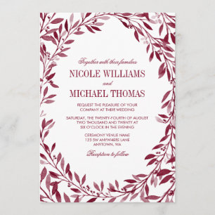 Burgundy Watercolor Laurel Wreath Wedding Invitation