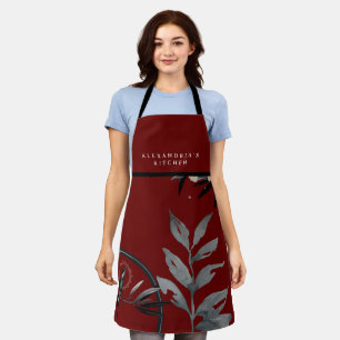 Burgundy Watercolor Leaves + Your Name Kitchen Apron