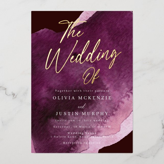 Burgundy Watercolor Modern Wedding Gold (Front)