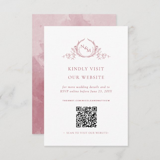 Burgundy Watercolor Monogram QR Code/RSVP Online Enclosure Card (Front/Back)