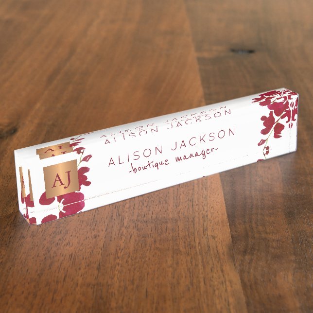 Burgundy watercolor orchid copper monogrammed nameplate (Side)