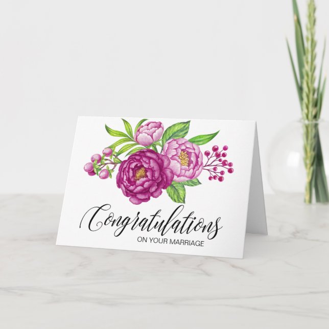 Burgundy Watercolor Peonies Congratulation Card (Front)