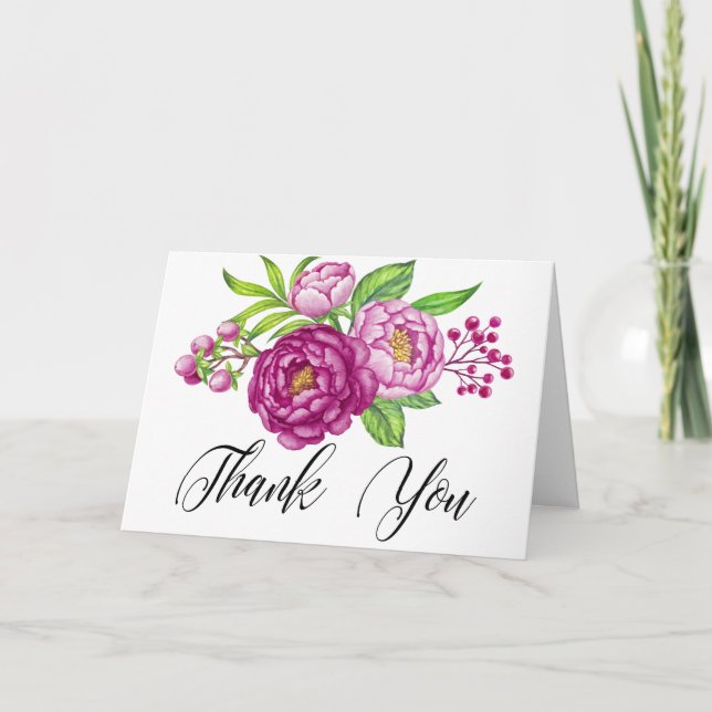 Burgundy Watercolor Peonies Wedding Thank You Card (Front)
