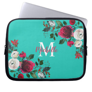 Burgundy Watercolor Peony Rose Floral Monogrammed Laptop Sleeve