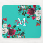 Burgundy Watercolor Peony Rose Floral  Monogrammed Mouse Mat<br><div class="desc">Burgundy watercolor botanical peony rose floral girly Mouse Pad. Burgundy, marsala, white watercolor peony roses, botanical floral chich design with dark green leaves and berries on aqua or turquoise background. Feature an elegant handwritten typography design with your name, Monogram and pretty fall, winter burgundy peony roses bouquet. Perfect choise for...</div>