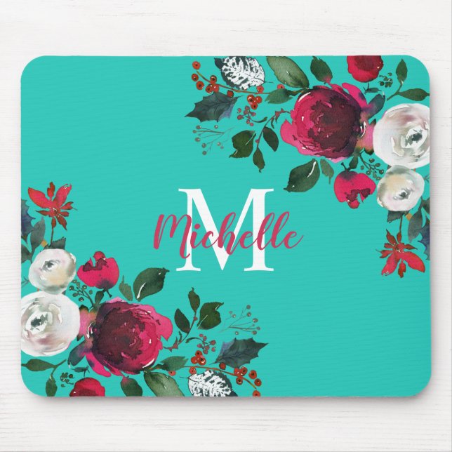 Burgundy Watercolor Peony Rose Floral  Monogrammed Mouse Mat (Front)