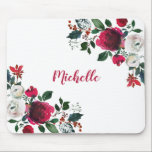 Burgundy Watercolor Peony Rose Floral  Name Mouse Mat<br><div class="desc">Burgundy watercolor botanical peony rose floral girly Mouse Pad. Burgundy, marsala, white watercolor peony roses, botanical floral chich design with dark green leaves and berries on white background. Feature an elegant handwritten typography design with your name and pretty fall, winter burgundy peony roses bouquet. Perfect choise for fall or winter...</div>