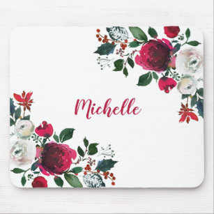 Burgundy Watercolor Peony Rose Floral  Name Mouse Mat