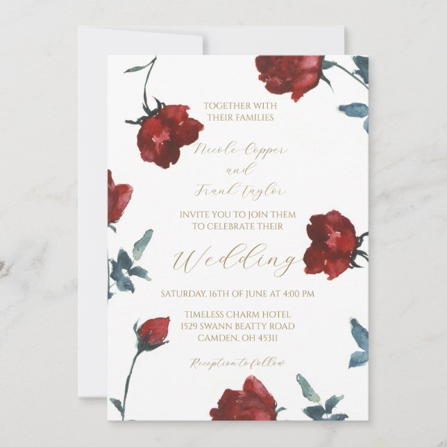 Burgundy watercolor red roses wedding invitation (Front)