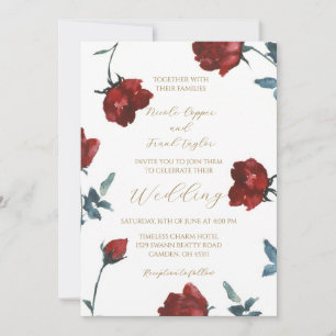 Burgundy watercolor red roses wedding invitation